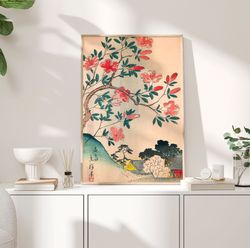 azaleas and cherry trees 1866 poster, hiroshige art, temple poster, art print, traditional japanese art, wall art decor,