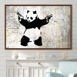 banksy panda with guns graffiti street art illustrations canvas art print, frame large wall art, gift, wall decor