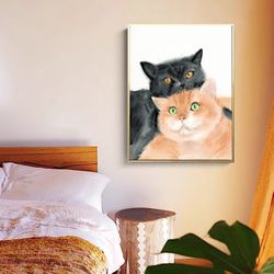 black and ginger cats watercolor painting, original watercolour art print