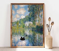 black cat art poster, monet swimming cat print, claude monet cat poster, cat art, funny cat print, funny gift idea, home