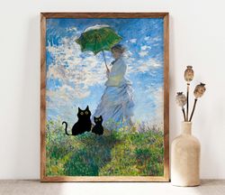 black cat art, monet cat print, two black cats poster, cat art, funny cat print, cat and kitty funny gift idea cat in fa