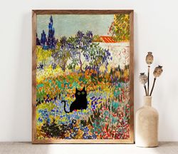 black cat art, van gogh garden cat print, cottage flowers black cat poster, funny cat print, funny gift idea cat in famo