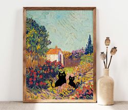 black cat art, van gogh garden cat print, cottage flowers black cat poster, funny cat print, funny gift idea two back ca