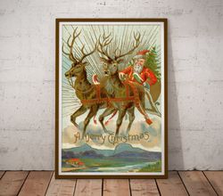 1908 santa's reindeer postcard poster! (up to 24 x 36) - decoration - embossed - antique - vintage