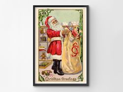 1913 christmas greetings postcard poster! (up to 24 x 36) - santa claus - decoration - tree - toys - kids - decorations