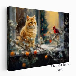 a cat in a cozy cottagecore room watching northern cardinal bird vintage christmas canvas poster cat wall art decor oil