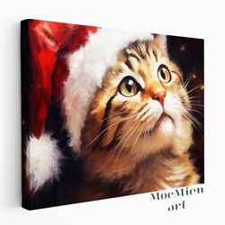 a cute cat wearing santa hat and looking up at the stars on christmas eve wall art canvas poster oil painting cottagecor