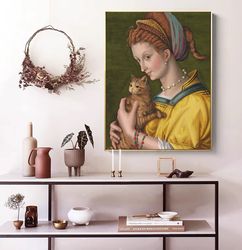 a lady holding a cat, original oil painting, cat portrait poster, vintage wall art, best gifts