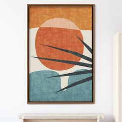 abstract blue palm tree and red sun geometric shapes illustrations modern canvas art print, frame large wall art, gift,