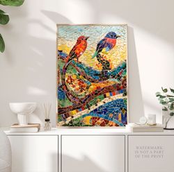 antoni gaudi mosaic poster, colorful birds print, sparrow abstract art, modern expressionism art, bird marble modern wal