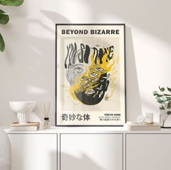 beyond bizarre poster, surreal print, bizarre body eyes on fire, trippy psychedelic poster, mystic poster, yellow black,