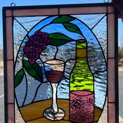 "Beautiful Stained Glass Wine Bottle and Jeweled Grapes - Clear Glass Art Decor"