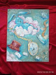 the original art oil painting is a fantasy, the blue march hare sleeps on a cloud.