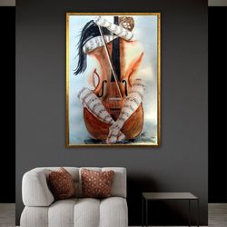 female body cello painting, love of music art, woman canvas print, artwork, artprint