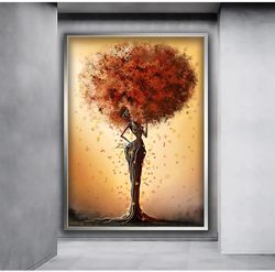 african tree woman with leaf hair canvas painting, canvas painting home decor, poster wall decor, surreal wall art