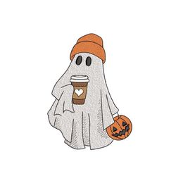 ghost with coffee embroidery design, halloween machine embroidery design, 3 sizes, instant download