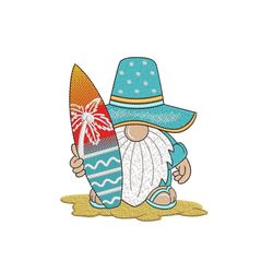 summer surfer gnome embroidery design, 3 sizes, instant download