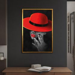 woman in red hat art print, abstract woman wall art, modern decor ideas for home and office with different frame options