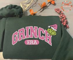 greench era embroidery sweatshirt, christmas green monster embroidery sweatshirt, retro pink christmas embroidery