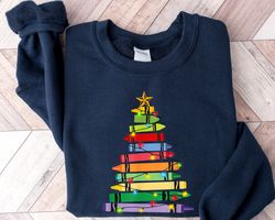 teacher crayon christmas tree christmas sweater, christmas sweatshirt, gift for teachers, crayon shirt, teacher shirt, k