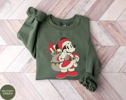 mickey claus sweatshirt, disney mickey mouse santa hat sweater, mickey carries santas bag shirt, christmas gift, mickey