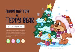 cartoon teddy bear and christmas tree.