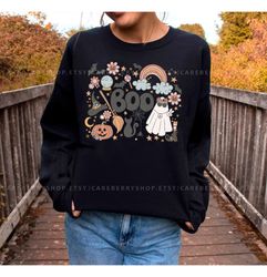 retro hey boo floral ghost witch pumpkin halloween costume sweatshirt , floral halloween, retro floral ghost, groovy gho