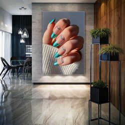 green nail design nail polish hand model nail artist roll up canvas, stretched canvas art, framed wall art painting