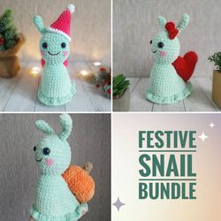 festive snail bundle crochet pattern, amigurumi snail, christmas pattern, valentines snail, pumpkin snail