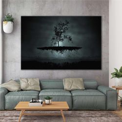 illustration flying tree night landscape roll up canvas, stretched canvas art, framed wall art painting