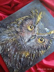 original acrylic art painting owl. relief, gold leaf, art resin.