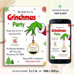 printable grinchmas party invitation, the grich party invite, kids christmas party card, whoville grinchmas invitation
