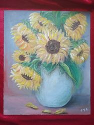 original art oil painting, sunflowers. still life bouquet, vase with sunflowers