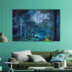 glowing antlered deer city landscape in the forest nature roll up canvas, stretched canvas art, framed wall art painting