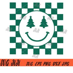 checkered smiley face christmas tree svg, christmas svg, retro smiley face christmas svg