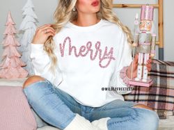 glitter merry sweatshirt, merry crewneck, holiday sweater women, merry shirt, christmas pullover, christmas party shirt,