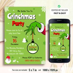 printable grinchmas party invitation, the grich party invite, kids christmas party card, whoville grinchmas invitation