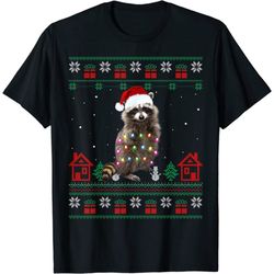 ugly christmas raccoon santa hat lights sweater xmas t-shirt