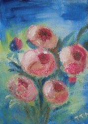 original art oil painting. bouquet of pink peonies. abstract flowers. still life