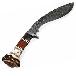 damascus steel knife with stag,bone & wood handle material