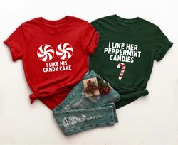 couple shirts, i like her peppermint candies shirt, i like his candy cane shirt, couple christmas pjs, matching shirts,