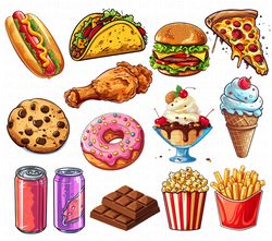 junk food clipart set, fast food clipart set, burger png, pizza png, tacos png, hotdog sandwich png, ice cream png, choc