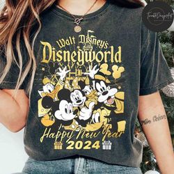 vintage walt disney world disneyland happy new year 2024 shirt, mickey and friends new year's eve party, disney castle,