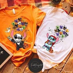 disney halloween couple stitch and angel shirt, the nightmare before christmas jack and sally, stitch halloween balloons