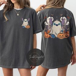 two-sided disney stitch ghost halloween shirt, stitch halloween shirt, disney world disneyland halloween pumpkin shirt,