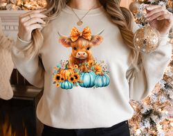 pumpkin baby cow sweatshirt, highland cow shirt, cute cow autumn shirt, baby cow pumpkins sweatshirt, floral pumpkin shi