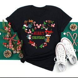 disney christmas party shirt with mickey head and fun merry snowman gingerbread snowflake, disneyland family matching t-