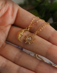 sun and moon necklaces, pressed flower necklaces, real dry flower steel necklaces