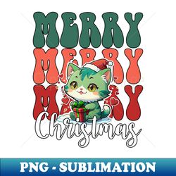 retro merry merry merry christmas green christmas cat - high-resolution png sublimation file - instantly transform your sublimation projects