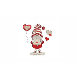 valentine's gnome with balloons machine embroidery design. 3 sizes. valentine's day embroidery design